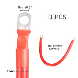 Bonsicoky 4 AWG Battery Cable with Terminals, 12" Pure Copper Power Inverter Cables for Solar Application, Vehicle, RV, Car. (5/16" Lug, Red)