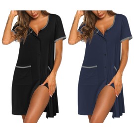 Ekouaer Nightgowns for Women 2 Pack Button Down Sleep Shirts Short Sleeve Nightshirt Sleepwear House Dress with Pockets Black/Navy Blue Small