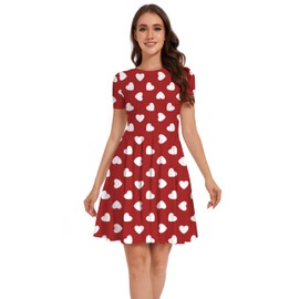 Eyanse Valentines Outfits for Women Heart Dress Red Valentine's Red Day Dresses Short Sleeve Swing Dress Cute Spring Aline Dress Short Sleeve Top,M