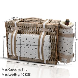 Picnic Basket Set for 4 with Insulated Liner and Waterproof Blanket Wine Pouch, Large Wicker Picnic Hamper for Camping,Outdoor,Valentine, for Couples, Cherry Coffee
