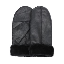 Surblue Winter Leather Mittens Sheepskin Shearling Lambskin Gloves Liner Fur Lambswool for Women and Men Cold Weather (Black, L)