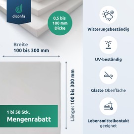 diconfa PTFE Teflon Plate Width / Length 100 mm to 300 mm Thickness 0.5 to 100 mm Quantity: 1 to 50 Selection: 150 x 150 x 0.5 mm 1 Piece Plastic Plate Virginal White Heat Resistant UV Stable