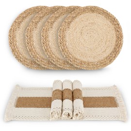 Zology Juego de 4 Manteles Individuales Bohemios Hechos a Mano, Arpillera de Algodón Natural, Combinados, Decoración de Macramé y Manteles Individuales Estilo Granja,para Mesa de Comedor y Cocina