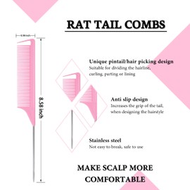 7 Pcs Hair Styling Comb Set Pink - Needle Tail Comb, Boar Bristle Brush, Dual Edge Control Brush, 4pcs Duckbill Clips for Back Brushing Slicking Combing - Women Girls Baby Stylists Beauty Accessories