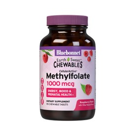 Bluebonnet EarthSweet Methylfolate 1000 mcg Cellular Active Coenzyme 5-MTHF L Methyl Folate Supplement - Prenatal & Energy Support - Non-GMO, Vegan, Gluten-Free - Raspberry - 90 Chewable Tablets