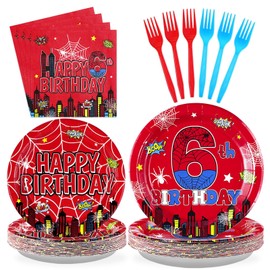 Grencian 96Pcs Spider 6th Birthday Party Decorations Supplies Red Blue Cartoon Disposable Plates Napkins and Forks Spider Theme Tableware Sets for 6 Years Old Little Boy Girl Birthday Party Serves 24