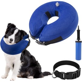 SlowTon Collar Isabelino para Perro, Cono Inflable de Recuperación para Grande Pequeña Perros o Gatos, Ajustable Suave Dona Isabelina Post Cirugía, Evitar Mordida y Arañazo, con Inflator (Azul, L)