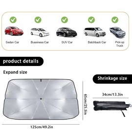 JOZMMZEOOA Auto Sonnenschutz Frontscheibe,65x125CM Frontscheibenabdeckung Auto Windschutzscheibe Frontscheibe Hitzeschutz UV-Schutz für Auto Front-Sonnenschutz Faltbares Sonnenblende,für Meisten Autos