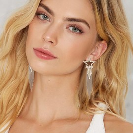 EVER FAITH Bling Star Tassel Clip-on Earrings for Women, Rhinestone Crystal Wedding Jewelry Long Waterfall Beaded Fringe Chandelier Dangle Statement Accessories ridescent AB Silver-Tone