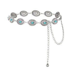 Womens Western Belts Metal Chain Belt Country Cowgirl Belt Waist Chain Y2K Boho Concho Belt Turquoise-D S Silver