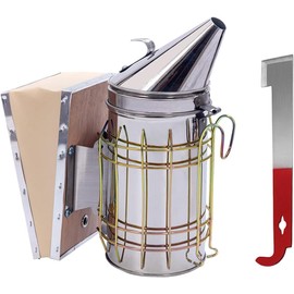 POLLIBEE Kit de ahumador de abejas de acero inoxidable con escudo térmico, herramienta de colmena con gancho en J, suministros de apicultura y juego de herramientas de apicultor