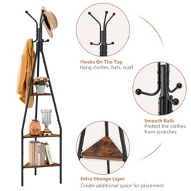 Hoctieon 3-Tier Coat Rack Freestanding with Hooks, Industrial Coat Tree Freestanding, Mordern Coat Racks Free Standing with Shelf, Coat Rack with Storage for Clothes, Hats, Bags