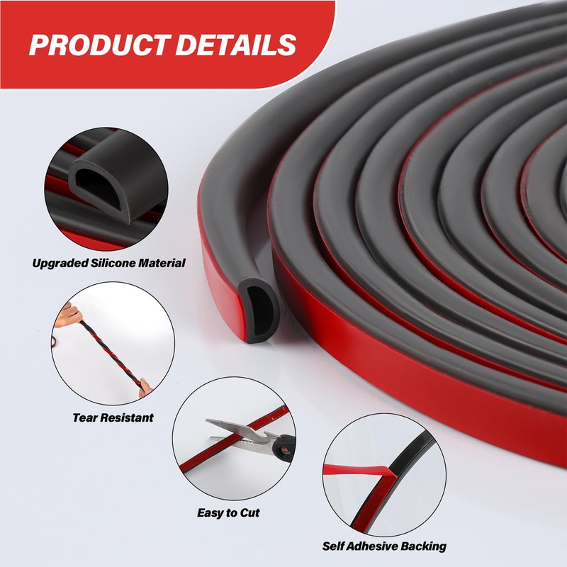 Silicone Weather Stripping Door Seal, 20FT Self Adhesive D-Shaped Car