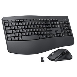 Ergonomic Keyboard and Mouse Combo, Full Size Cordless Computer Keyboard with Palm Wrist Rest Ergonomic Mouse for Windows Computers Laptops - Black