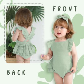 Happy Town Baby Girl Clothes Toddler Summer Linen Romper Sleeveless Ruffle Outfits Infant Girls Jumpsuit Bodysuit with Headband（Light Green,12-18 Months）