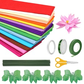 Luckwaii 15 Colours Crepe Paper Colourful Florist Crepe 50 x 100 cm Crepe Paper with 50 Wire Green Crepe Tape Thin Wire Double Sided Tape Scissors Artificial Leaves for DIY Flower Paper Crafts