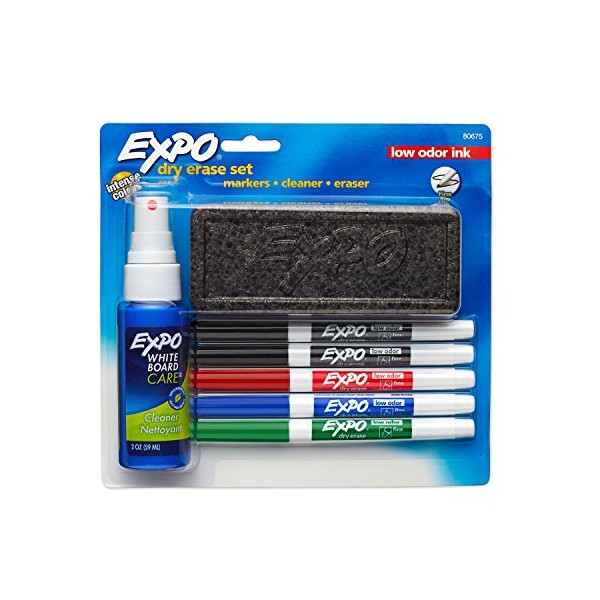 Expo 80675 EXPO Low-Odor Dry Erase Set, Fine Point, Assorted Colors, 7-Piece with Cleaner