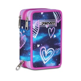 Seven Astuccio Scuola Elementare, 3 scomparti, Medie, con Matite, Pennarelli, Penne, 3 Zip, Gloomy Heart, Bambina, Ragazza, viola