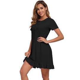 Beuwltpa Women's Nighties Button Up Maternity Nightdress Nightshirts Short Sleeve Ladies Nightwear Ruffle Hem Soft Nursing Nightgown Black