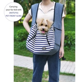NATUYA Dog Sling Carrier Puppy Carrier, Adjustable Pet Front Sling Carrier Travel Bag with Bottom Pad, Pet Carrier for Small Dog Cat Puppy Traveling Hiking Camping (Bule Strip, 5-15 lb)