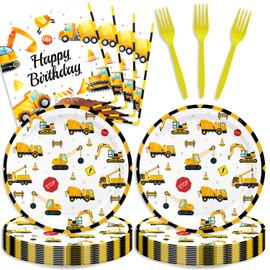 48PCS Construction Party Supplies,Disposable Tableware Include Plates Napkins Forks For 16 Guests,Construction Birthday Party Decorations For kids