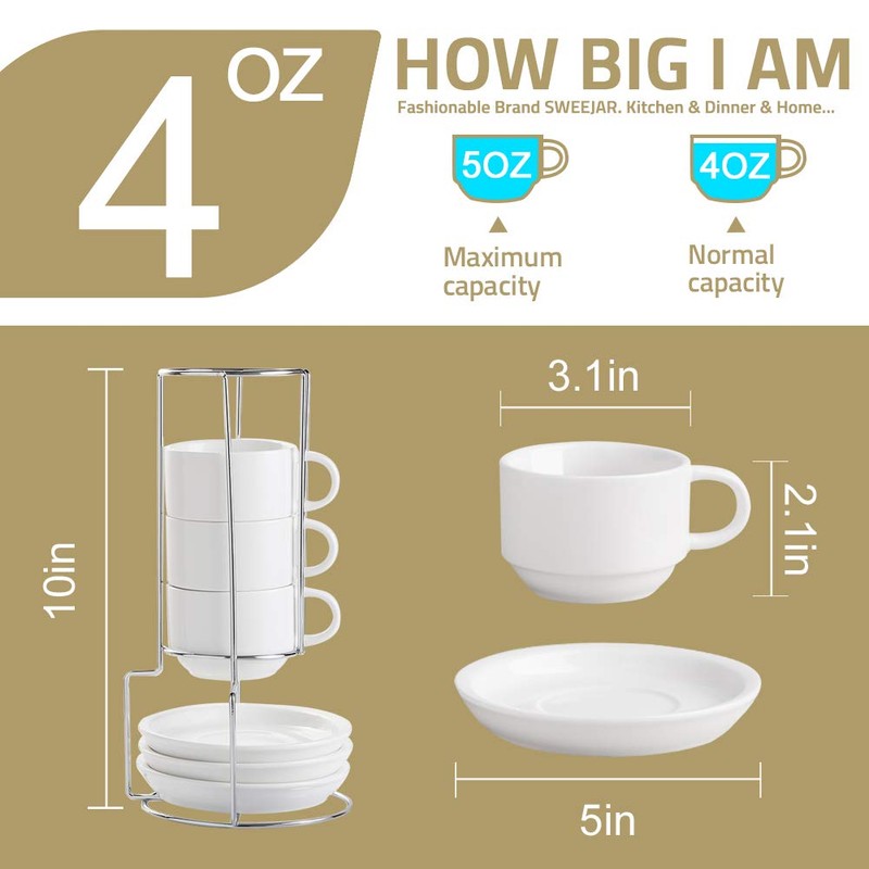Sweejar Porcelain Espresso Cups with Saucers, 4 Ounce Stackable Cappuccino