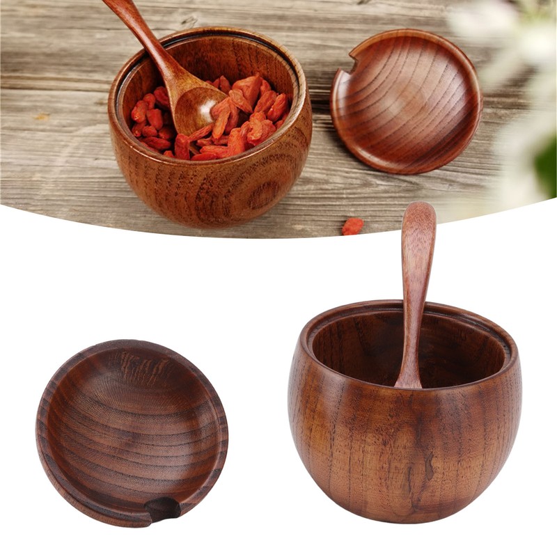 Wood Spice Jar Sugar Bowl Salt Box Seasonings Storage Container