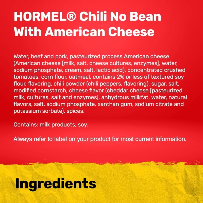 HORMEL Chili No Bean with American Cheese, No Artificial Ingredients,