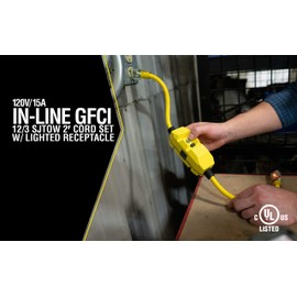 Woods 2817 Jacket Contractor Grade SJTW Super Flexible Extension Cord with In-Line Gfci and Lightened End, 3 12 Awg, 15 A, 1-Outlet, Yellow