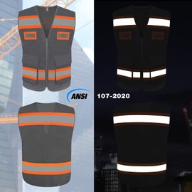 TCCFCCT Mesh Reflective Safety Vest with Pockets High Visibility Vest for Men Women, Work Vest with Fluorescent Orange Extend Edge, Meets ANSI/ISEA Standards, Grey, 3XL