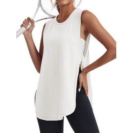 Tankaneo Womens Side Slit Workout Tank Tops Cotton Sleeveless T Shirts Oversized Summer Casual Yoga Gym Tees Beige