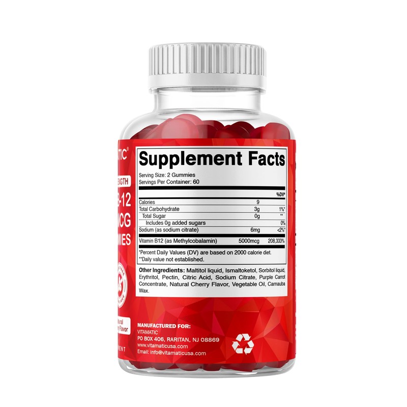 Vitamatic Extra Strength Vitamin B12 5000 mcg (Methyl B12) Gummies