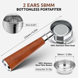 58mm Bottomless Portafilter 2 Ears - Fits Breville Oracle, Oracle Touch, Dual Boiler BES980XL BES990BSS BES920XL-Not suitable with E61 groupheads-with Double Shot Filter Basket & Walnut Handle