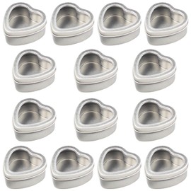 14-Pack 2oz Empty Heart Shaped Silver Metal Tins with Clear Window for Candle Making, Candies, Gifts & Treasures