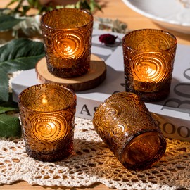 56 Pack Sun Moon Star Embossed Glass Tea Light Candle Holders - Votive Candle Holders for Wedding, Party, Home Decor, and Table Centerpieces (Chestnut Brown)