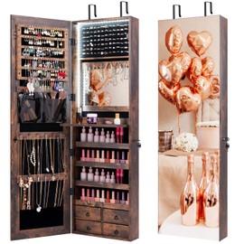 COSTWAY LED Mirror Jewelry Cabinet, Full Length Mirror with Jewelry Storage, Lockable Hanging Jewelry Holder Organizer with Built-in Mirror, Wall Door Mounted Jewelry Armoire for Women (Rustic Brown)