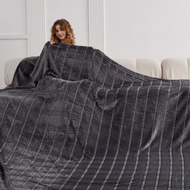 KORBLISS Oversized Blanket 120x138 Inches, Giant Huge Jacquaed Plaid Blanket 10'x11.5' Blanket for Bed, Travel and Camping, Extra Large Big Soft Blanket Fits The Whole Family and Outdoor, Dark Grey