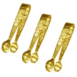 3PCS Mini Serving Tongs, 4Inch Rose Stainless Steel Sugar Cube Tongs, Sliver Small Ice Tongs for Tea and Coffee Party, Appetizers, Desserts by Sunenlyst (Gold)