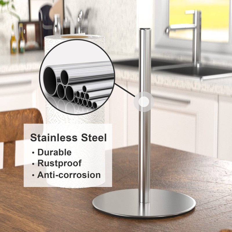 Silver Paper Towel Holder Countertop, Free-Standing Kitchen Roll Holder, Stainless