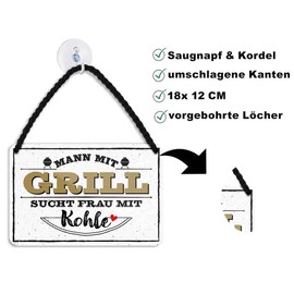 schilderkreis24 Tin Signs Collection 18 x 12 cm - Funny Barbecue Sayings: BBQ Decoration & Gift Ideas for Barbecue Fans (Man with Grill is looking for Woman)