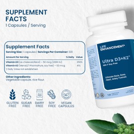 Vitamin D3 K2-2000 IU D3 with MK-7 (Soy-Free) - Bone Strength and Immune Support - 120 Vegetarian Capsules (D3+K2 Ultra)