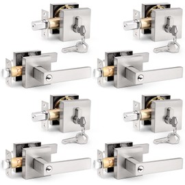 Probrico Square Keyed Entry Levers and Double Cylinder Deadbolts Combo Pack, Satin Nickel Heavy Duty Entrance Locksets for Office Bedroom and Front Door, 4 Pack Keyed Alike(All Same Keys)
