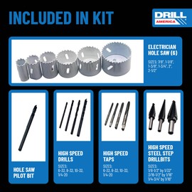 Drill America Electrician Tool Kit, 15-Piece Multi Tool Set with 4 Tap + Drill Bits, 6 Hole Saws, 1 Pilot Drill, 3 HSS Step Drills, Storage Bag Organizer, KMZELEC11