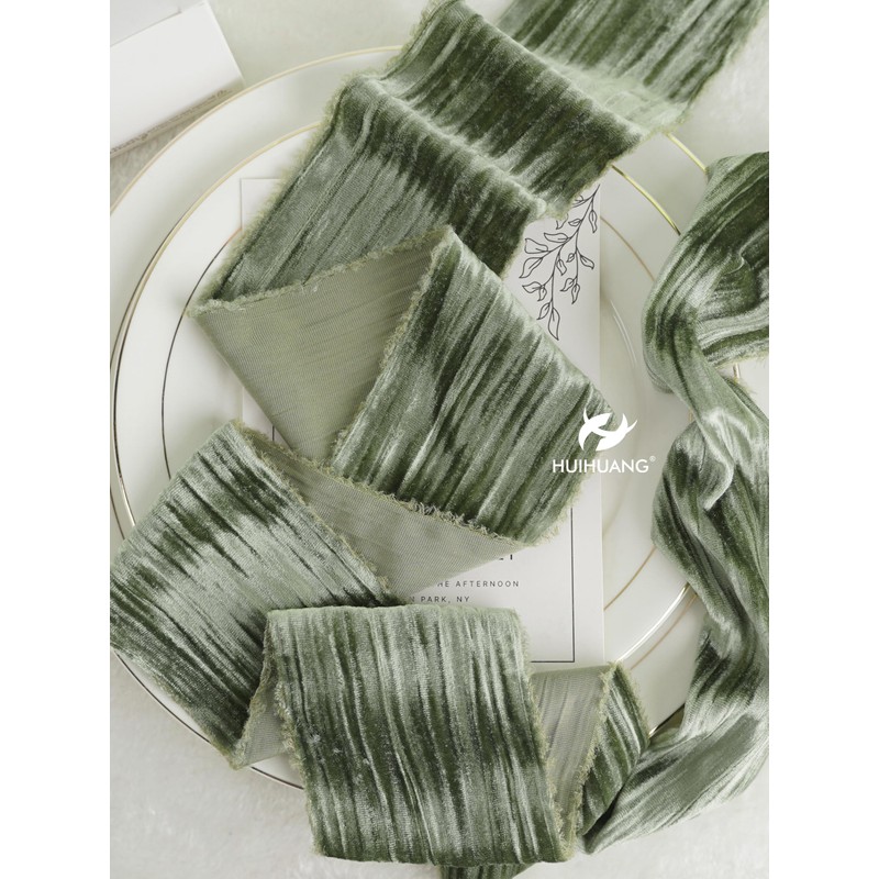 HUIHUANG Velvet Ribbon 3 inch Wide Sage Green Fringe Velvet