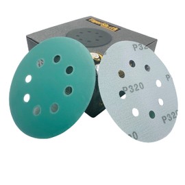 TigerShark 5 Inch Sanding Discs 8 Hole Wet Dry Grit 320 50pcs Pack Special Anti Clog Coating Film Green Line Hook and Loop Dustless Random Orbital Sander Paper