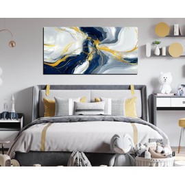 Kepgonegu Abstract Wall Art Modern Blue Golden Grey Abstract Picture Large Canvas Prints for Living Room Bedroom Size 20x40