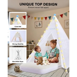Heypappy Teepee Tent for Kids with Inflatable Airbed, String Light, Balloons, Pump Supplies, Washable Kids Play Tent Indoor Outdoor for Girls Boys, Children Tipi Playhouse for Reading and Playtime