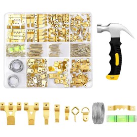ZAselect 331Pcs Picture Hanging Kit, Picture Hangers, Heavy Duty Frame Hooks Assortment with Picture Wire, D Rings, Hardware Nails, Eye Hooks, Golden Heavy Duty Frame Hooks for Frames Mounting