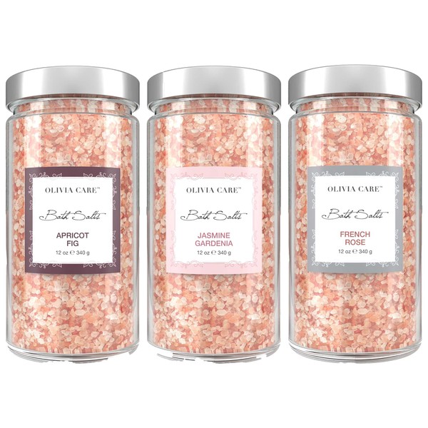 Olivia Care Pink Himalayan Bath Salts - Relieves & Relax Muscles. Exfoliate, Heal, Rejuvenate, Cleansing & Soothes Skin | Made with Natural Ingredients. Fresh Fragrance - 12 OZ (Mixed, 1 Pack)