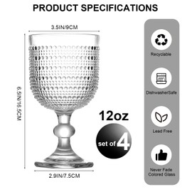 GOROGILE 12 oz Clear Vintage Wine Glasses,Hobnail Drinking Glasses Set of 4,Embossed Goblet Glasses for Wedding,Party, Dinner,Bar